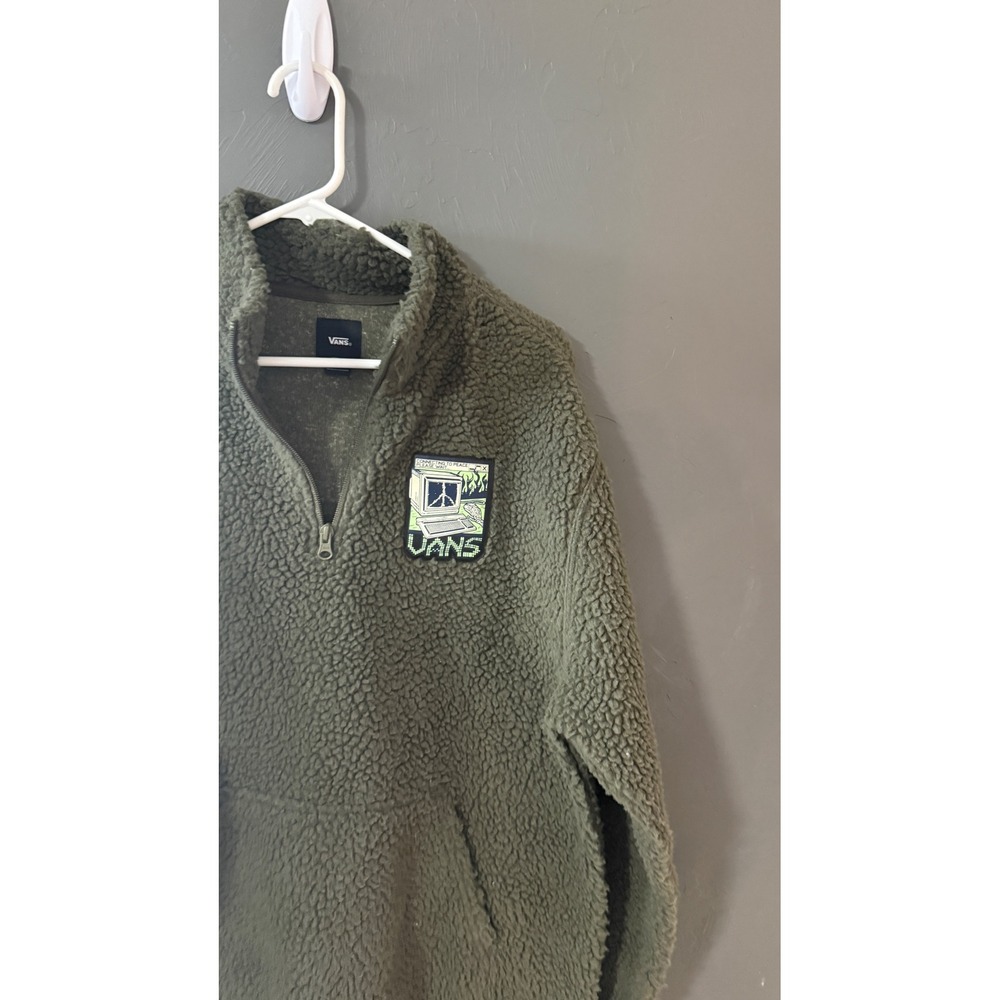 Vans Mens Olive Green Sherpa Fleece Quarter Zip Pullover Graphic Skater M - Picture 2 of 7